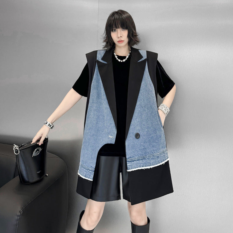 Cowboy patchwork suit vest women's irregular fashion vest jacket - V.I.P Digital Presence