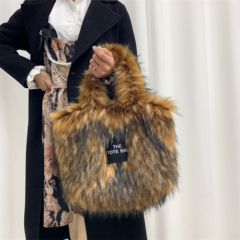 Crossbody Tote Bag Imitation Raccoon Fur Grass Plush Large Capacity Tote Bag Personalized Retro - V.I.P Digital Presence