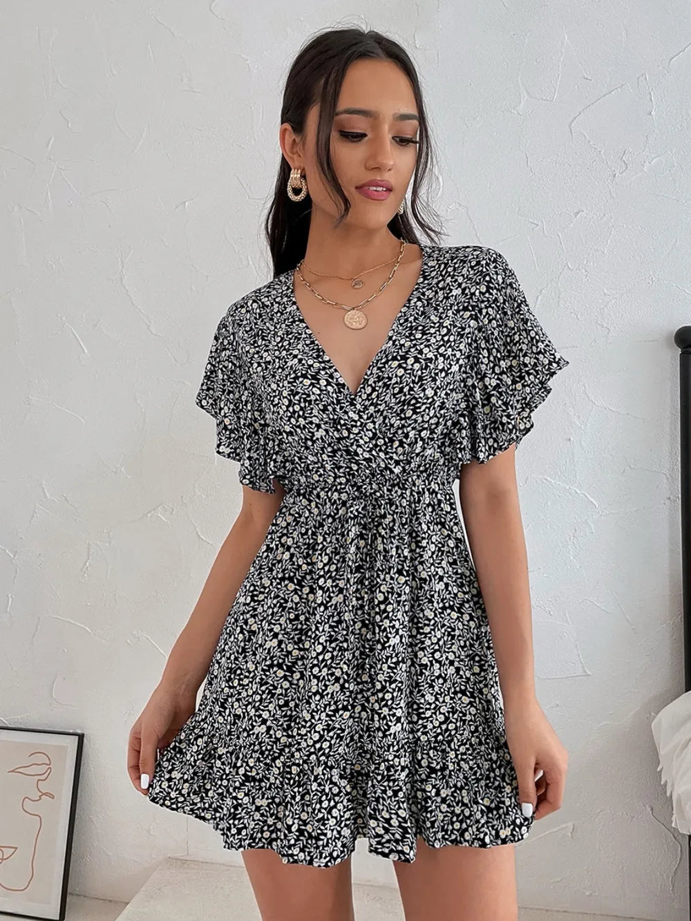 Cutout Ditsy Floral Surplice Flounce Sleeve Dress - V.I.P Digital Presence