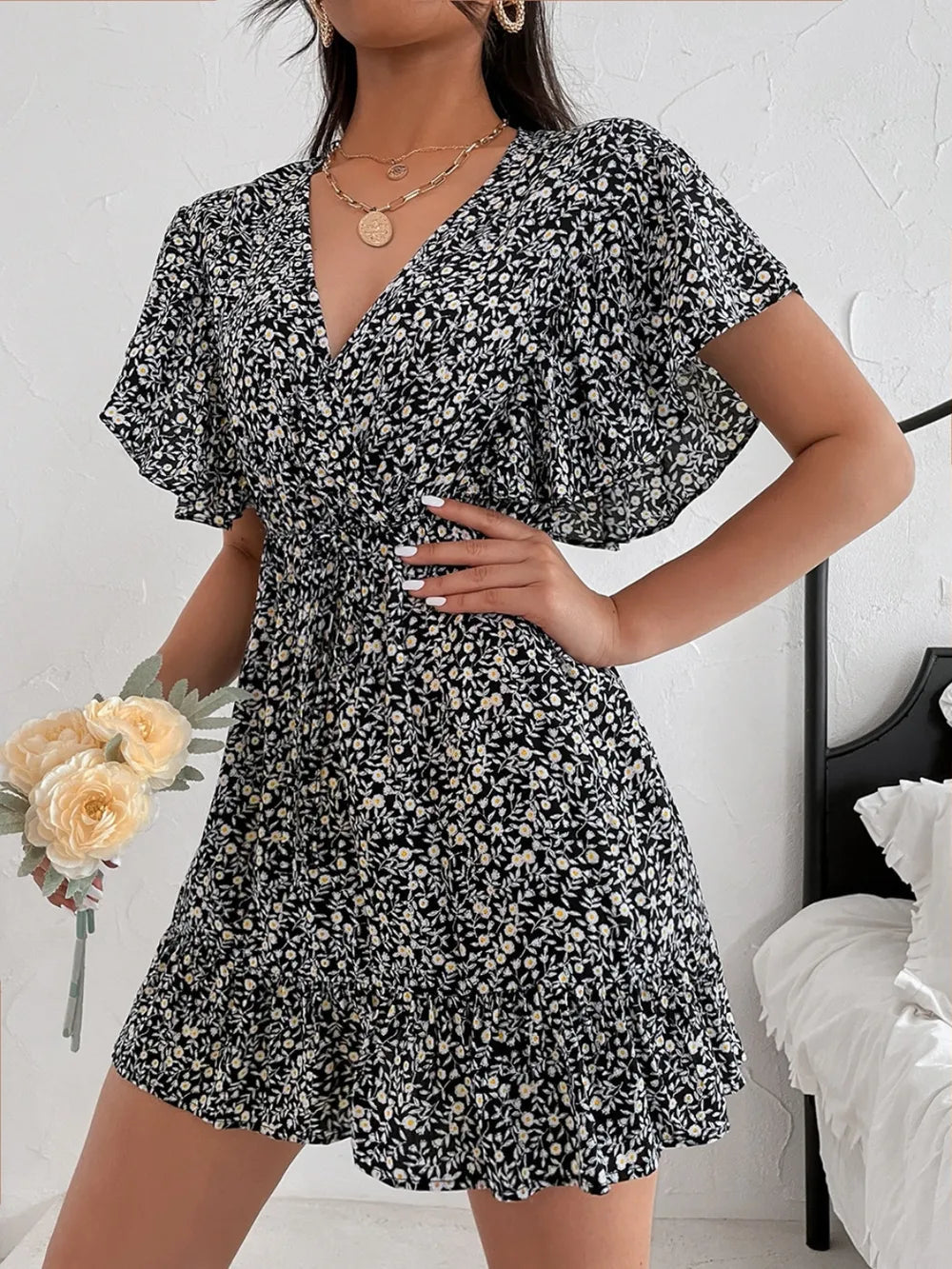 Cutout Ditsy Floral Surplice Flounce Sleeve Dress - V.I.P Digital Presence