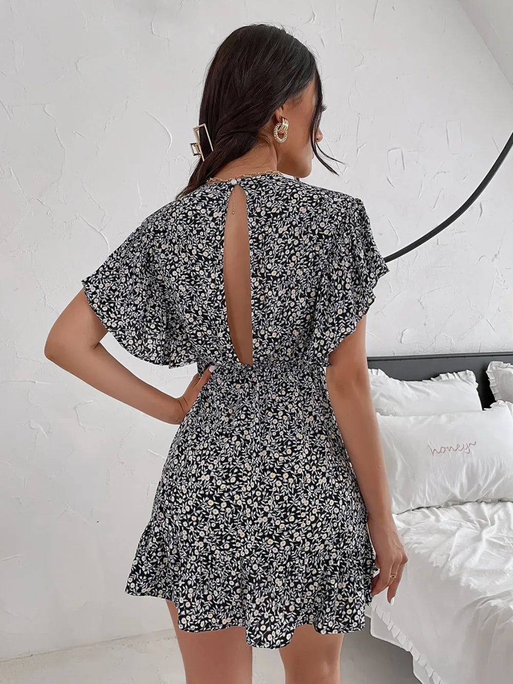 Cutout Ditsy Floral Surplice Flounce Sleeve Dress - V.I.P Digital Presence