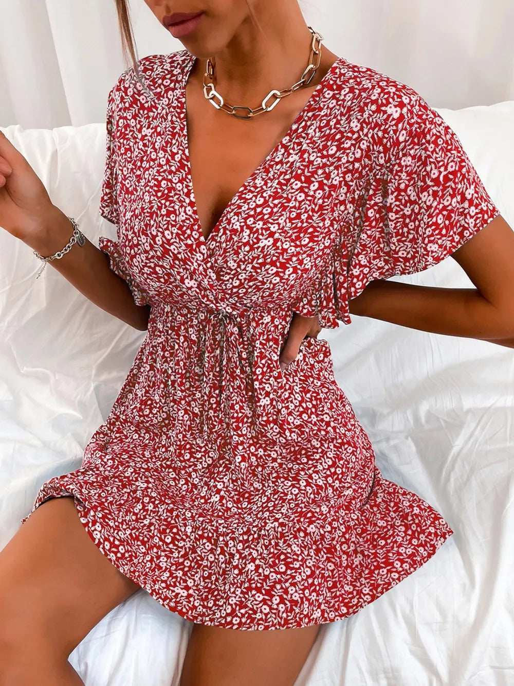 Cutout Ditsy Floral Surplice Flounce Sleeve Dress - V.I.P Digital Presence