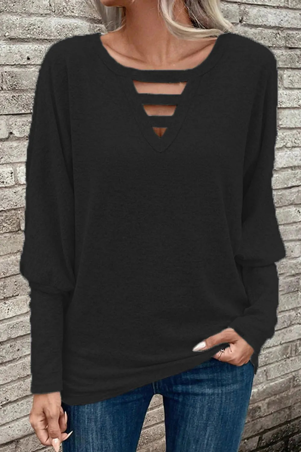 Cutout Round Neck Long Sleeve T-Shirt - V.I.P Digital Presence