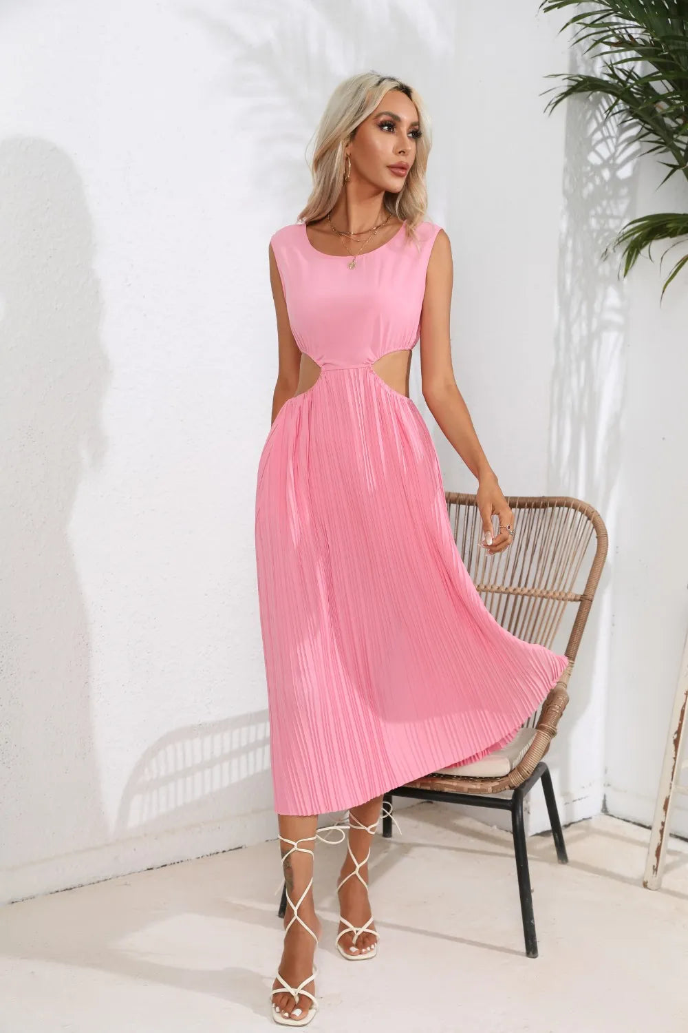 Cutout Ruched Round Neck Tank Dress - V.I.P Digital Presence