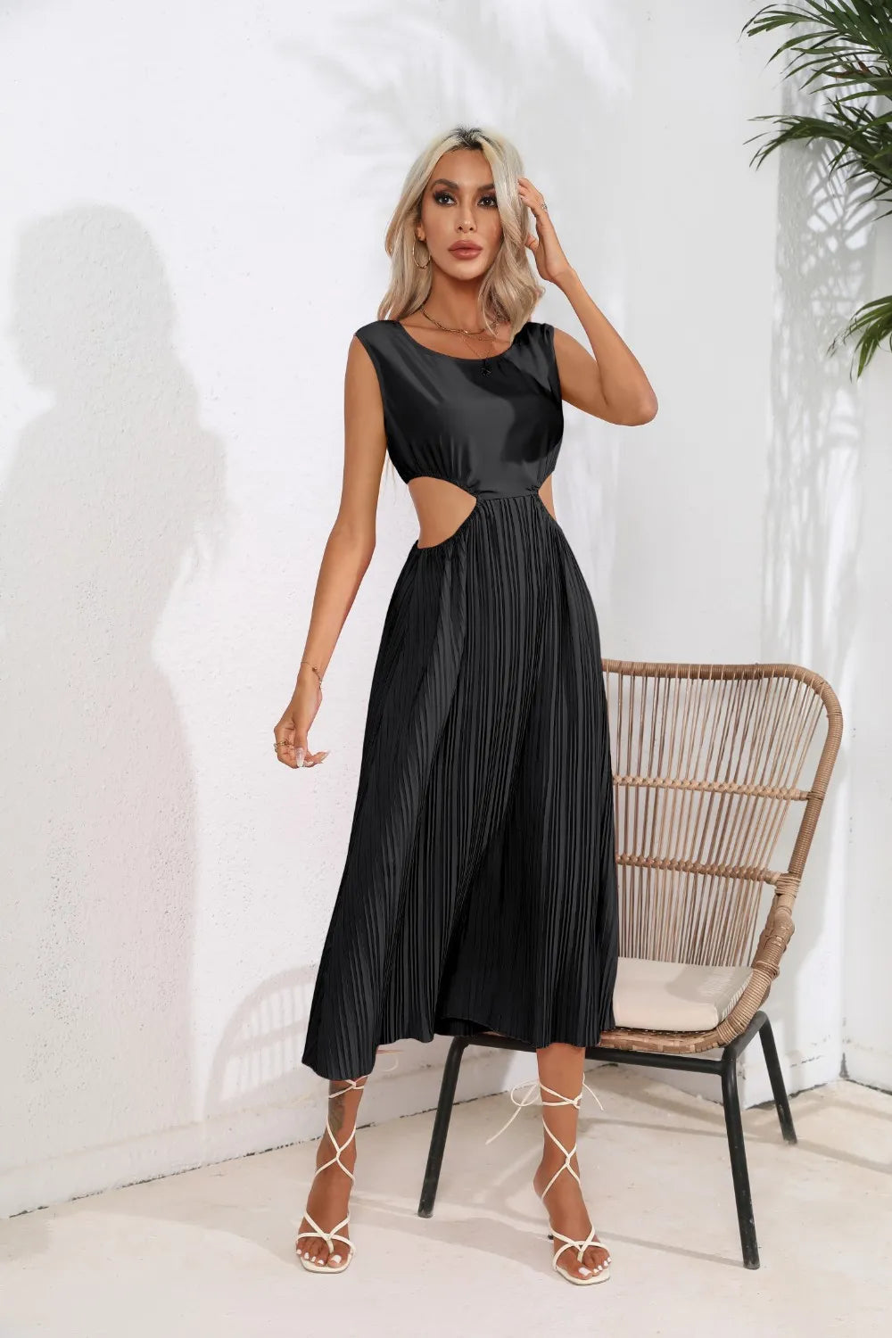 Cutout Ruched Round Neck Tank Dress - V.I.P Digital Presence