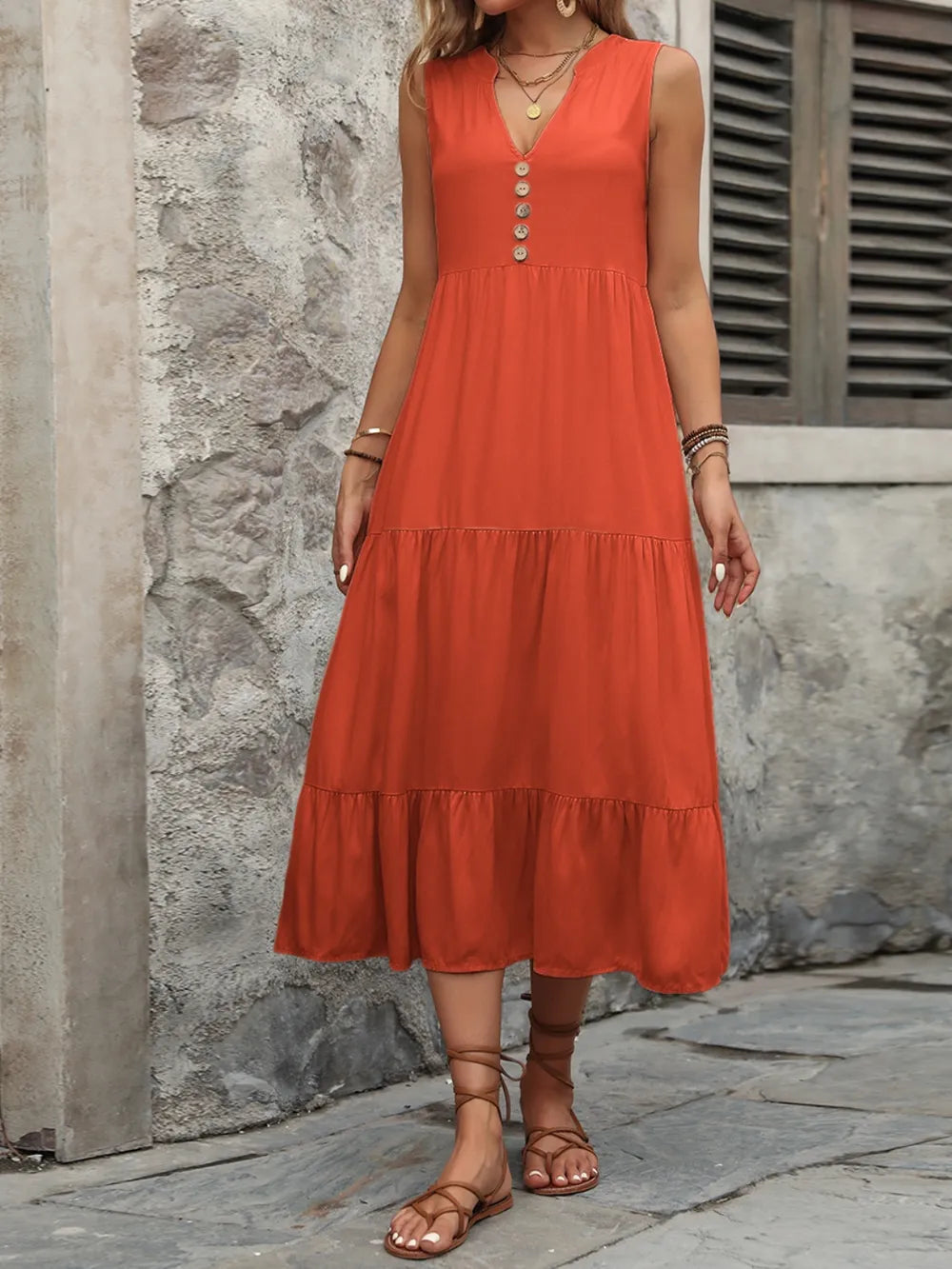 Decorative Button Notched Sleeveless Dress - V.I.P Digital Presence