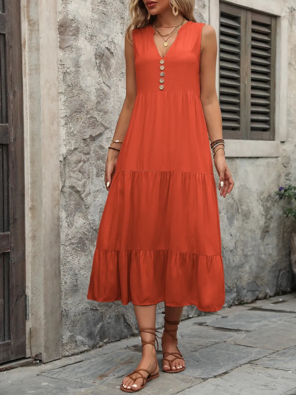 Decorative Button Notched Sleeveless Dress - V.I.P Digital Presence