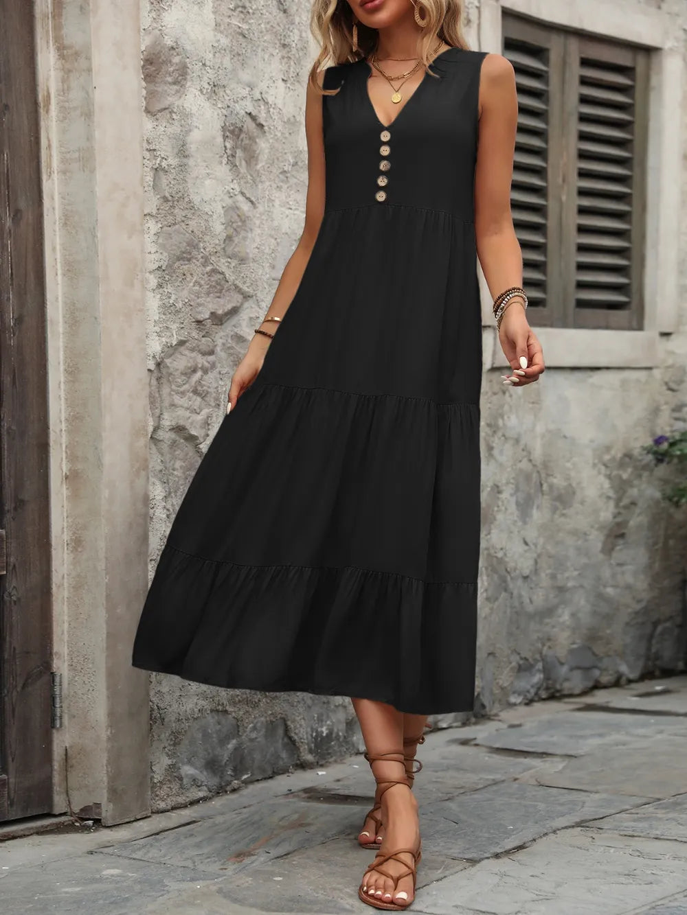 Decorative Button Notched Sleeveless Dress - V.I.P Digital Presence