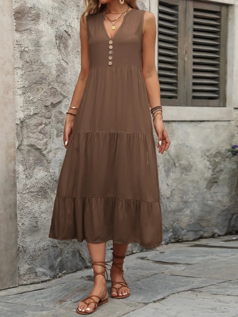 Decorative Button Notched Sleeveless Dress - V.I.P Digital Presence
