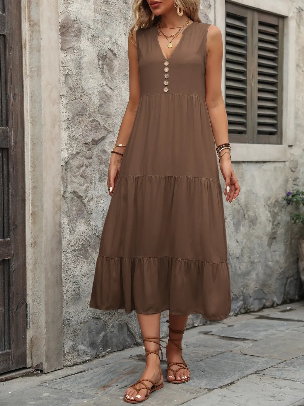 Decorative Button Notched Sleeveless Dress - V.I.P Digital Presence