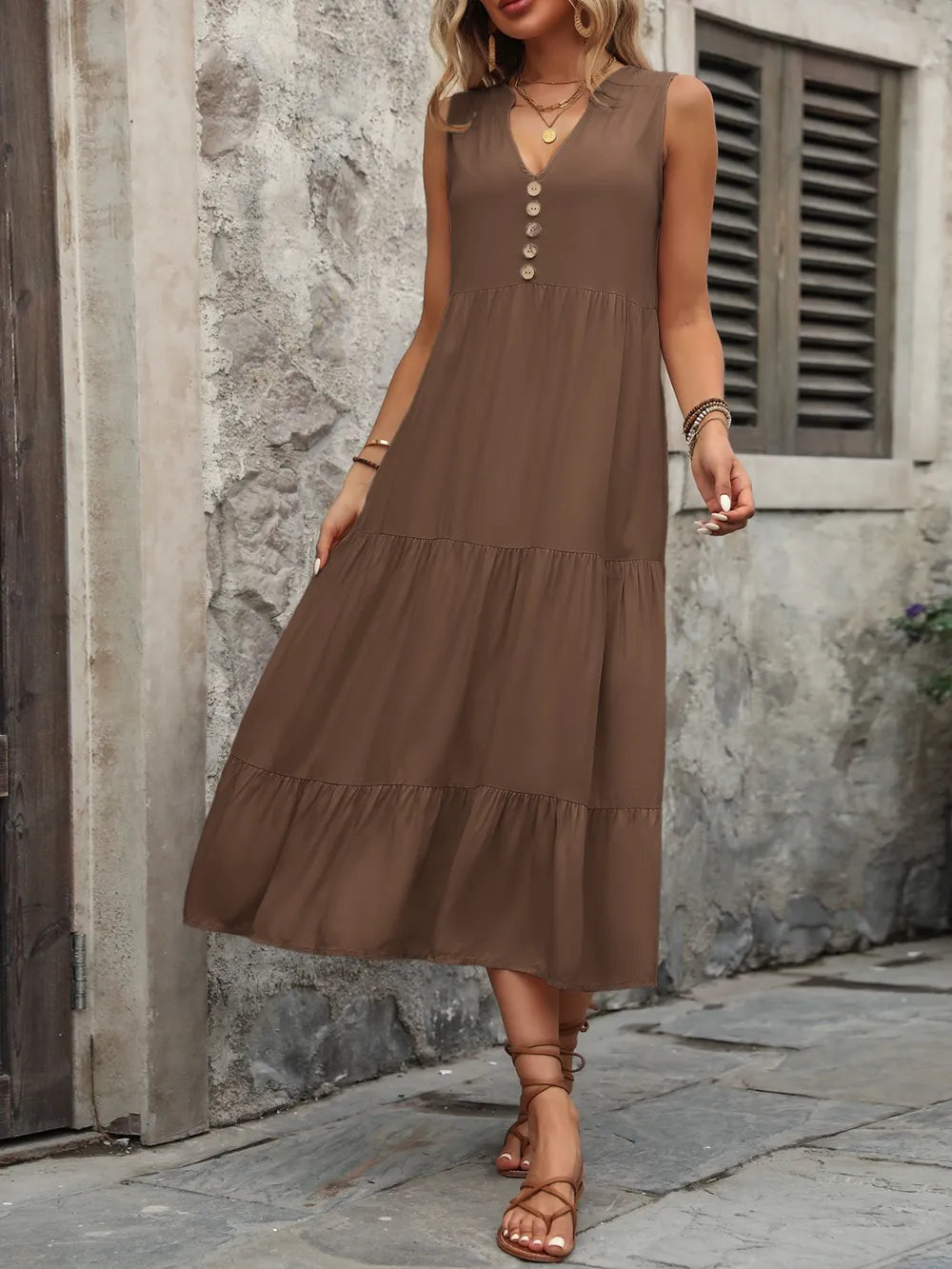 Decorative Button Notched Sleeveless Dress - V.I.P Digital Presence