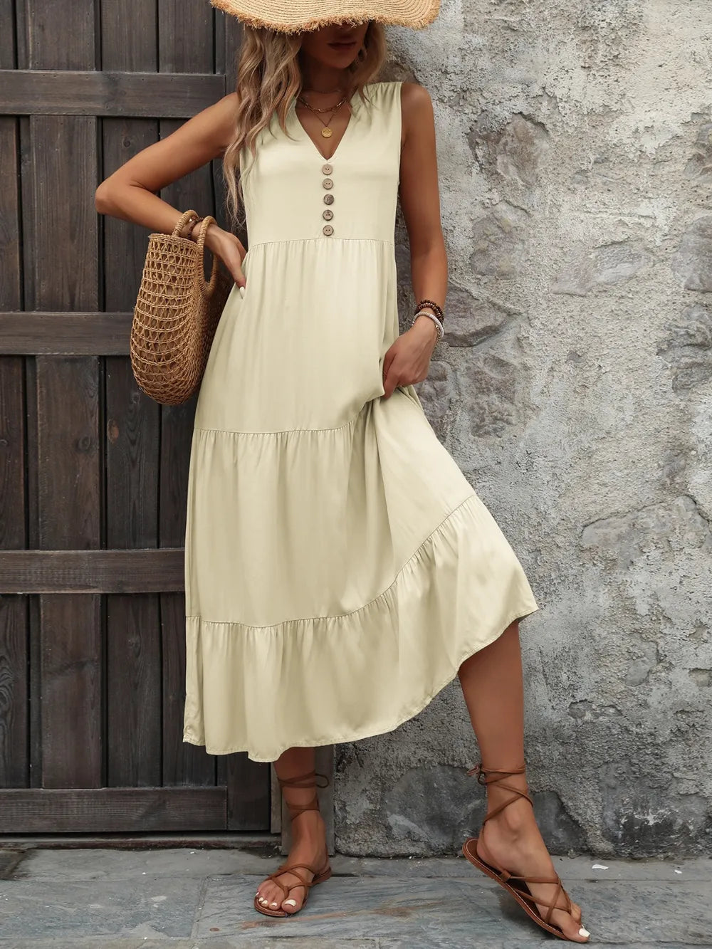 Decorative Button Notched Sleeveless Dress - V.I.P Digital Presence