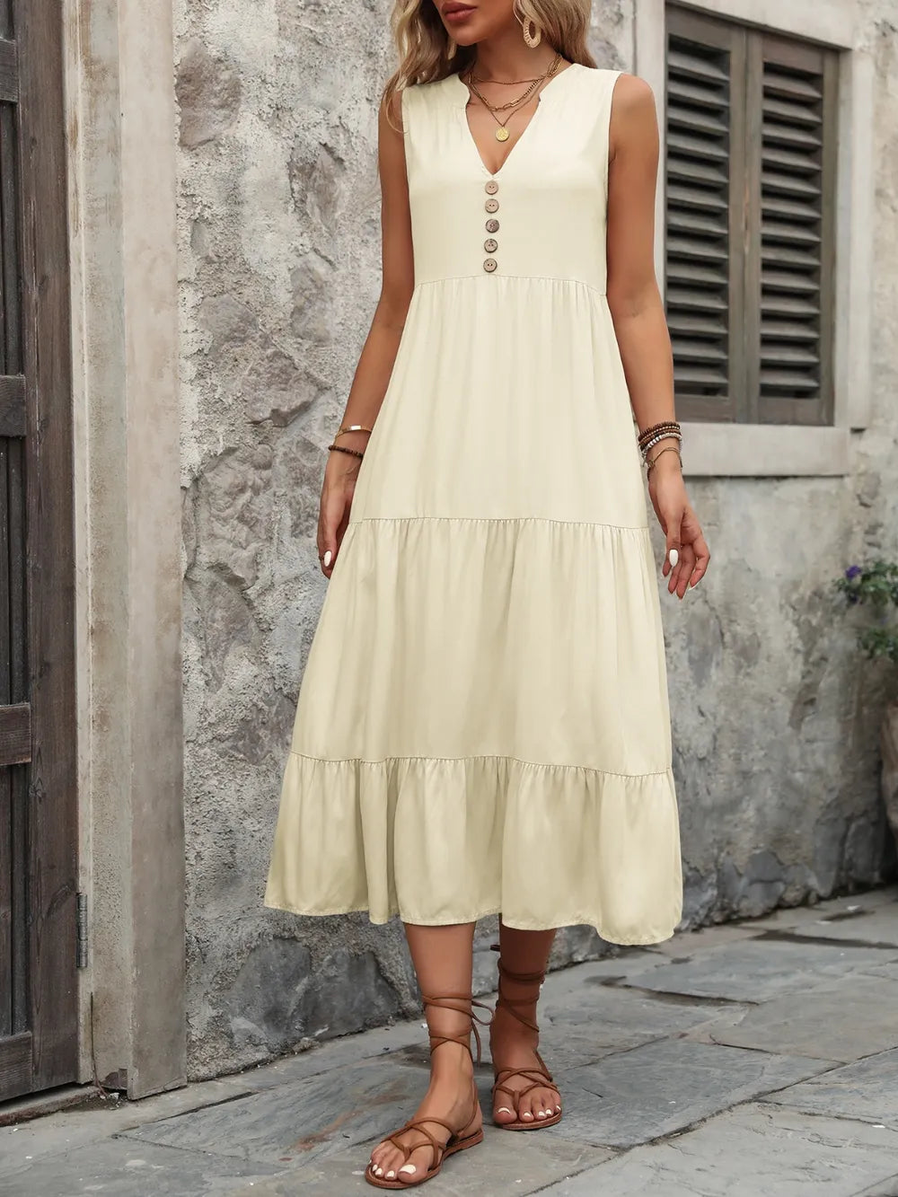 Decorative Button Notched Sleeveless Dress - V.I.P Digital Presence