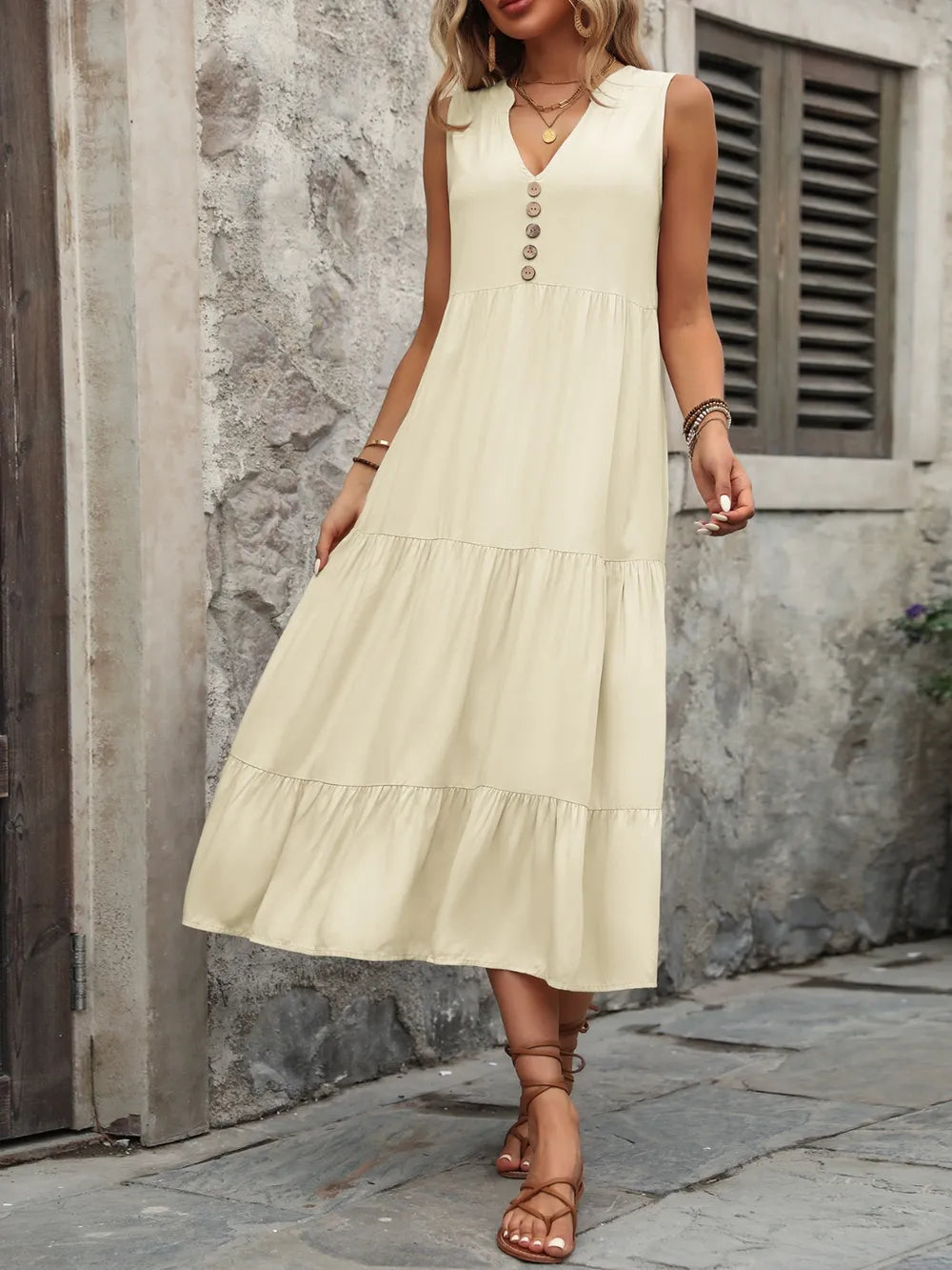 Decorative Button Notched Sleeveless Dress - V.I.P Digital Presence