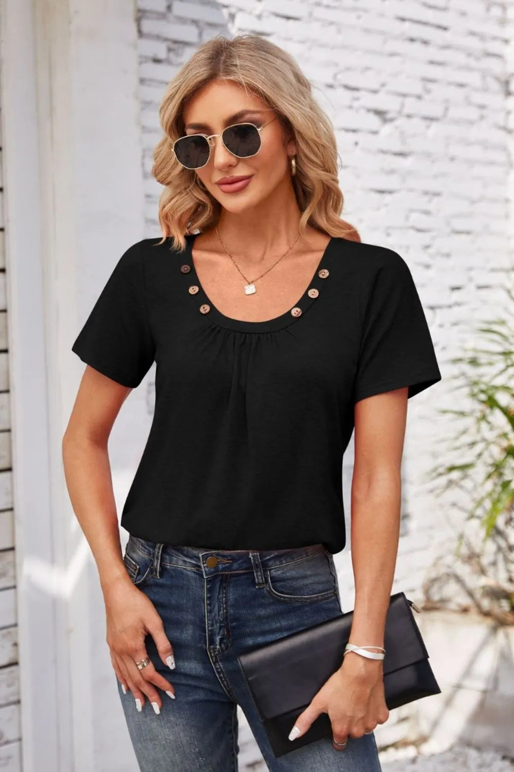 Decorative Button Scoop Neck T-Shirt - V.I.P Digital Presence