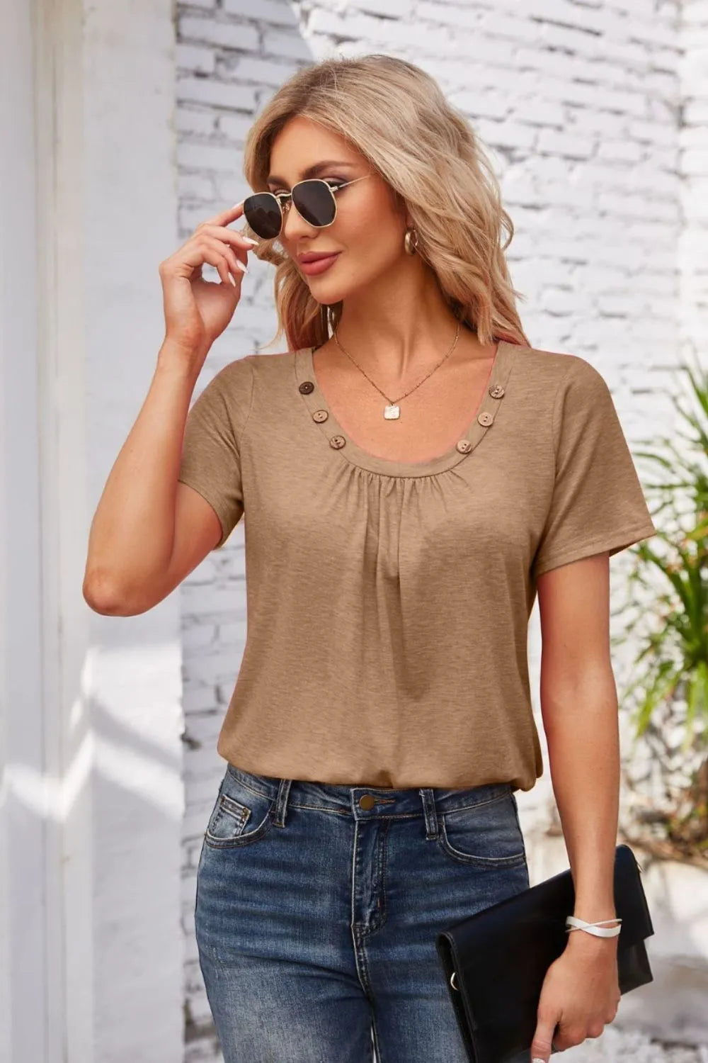 Decorative Button Scoop Neck T-Shirt - V.I.P Digital Presence