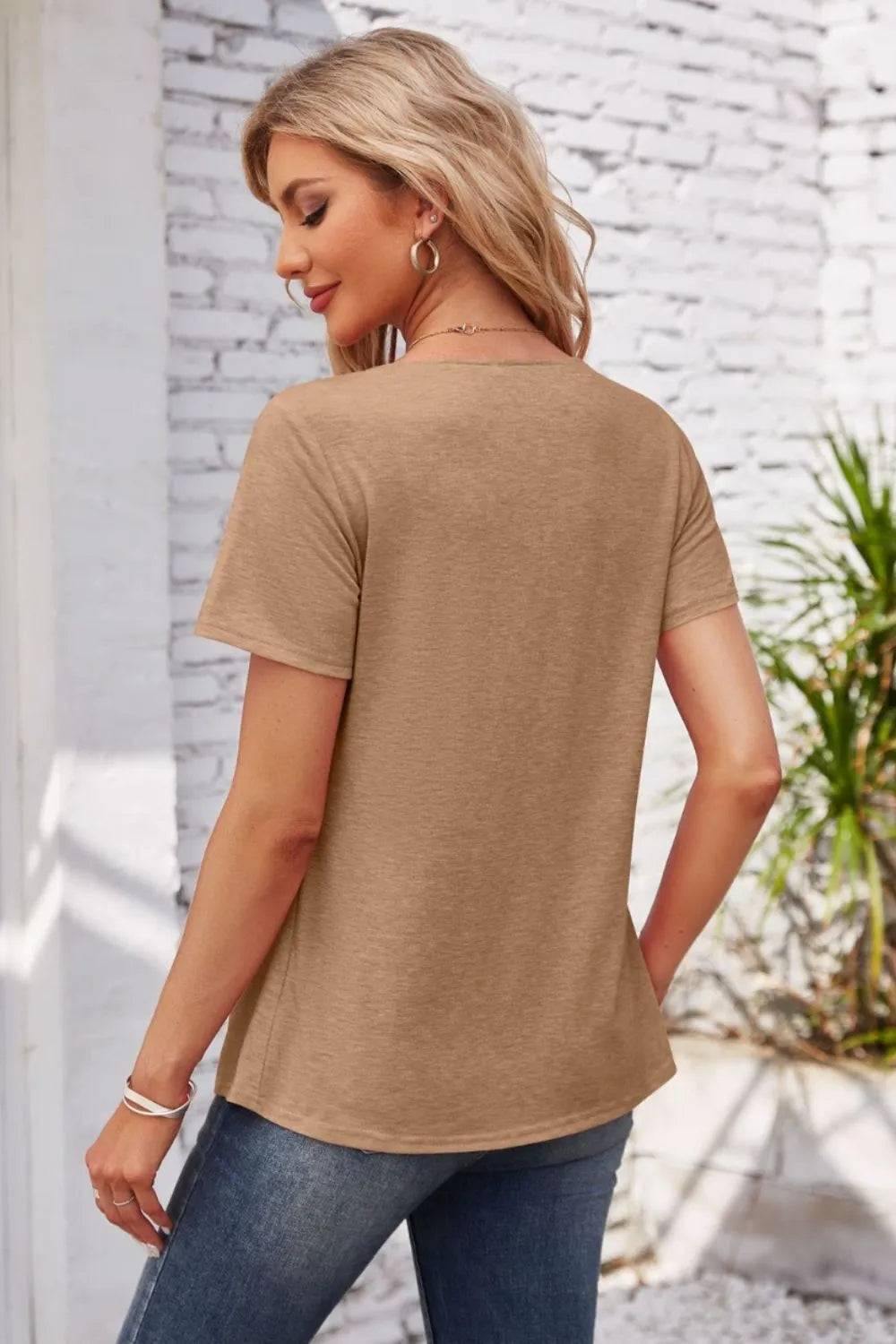 Decorative Button Scoop Neck T-Shirt - V.I.P Digital Presence