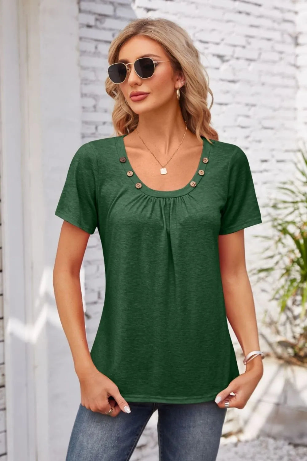 Decorative Button Scoop Neck T-Shirt - V.I.P Digital Presence