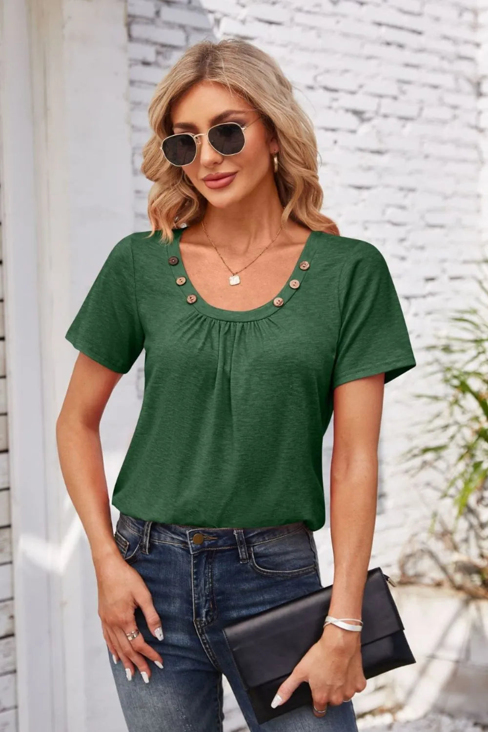Decorative Button Scoop Neck T-Shirt - V.I.P Digital Presence