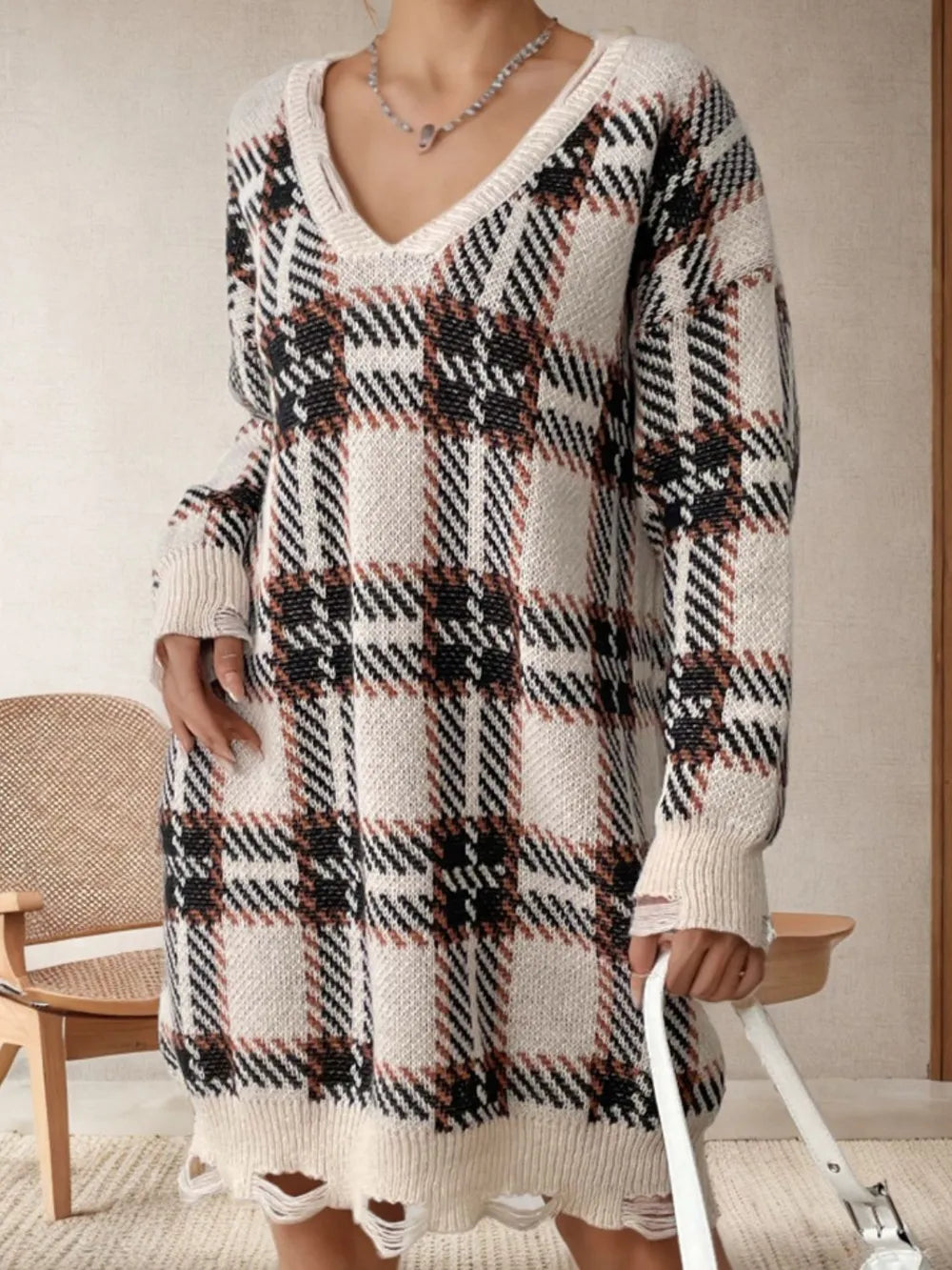 Distressed Plaid V-Neck Long Sleeve Sweater Dress - V.I.P Digital Presence