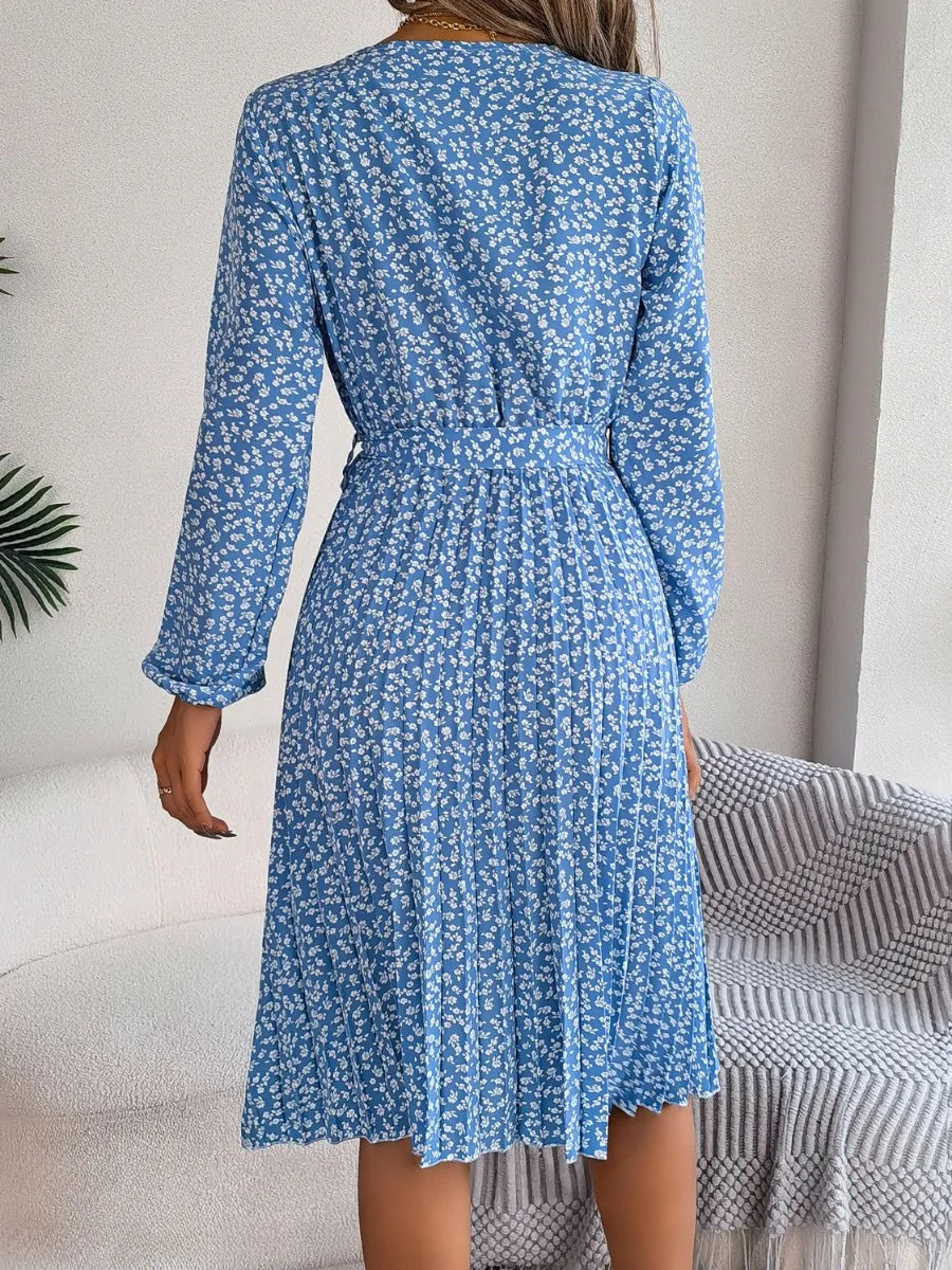 Ditsy Floral Tie Waist Pleated Dress - V.I.P Digital Presence