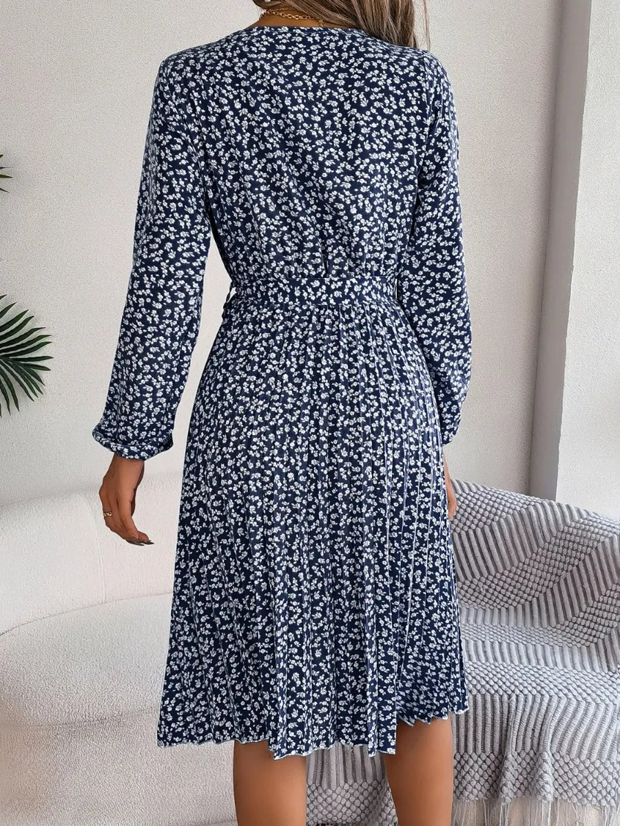 Ditsy Floral Tie Waist Pleated Dress - V.I.P Digital Presence