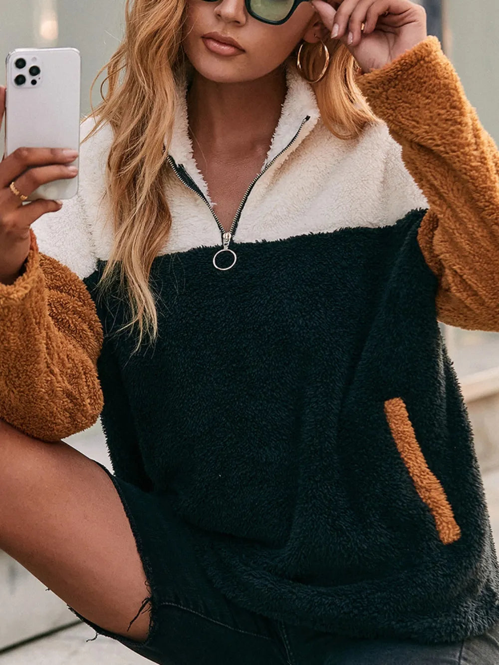 Double sided plush contrasting patch pocket hoodie color blocked plush top for women - V.I.P Digital Presence