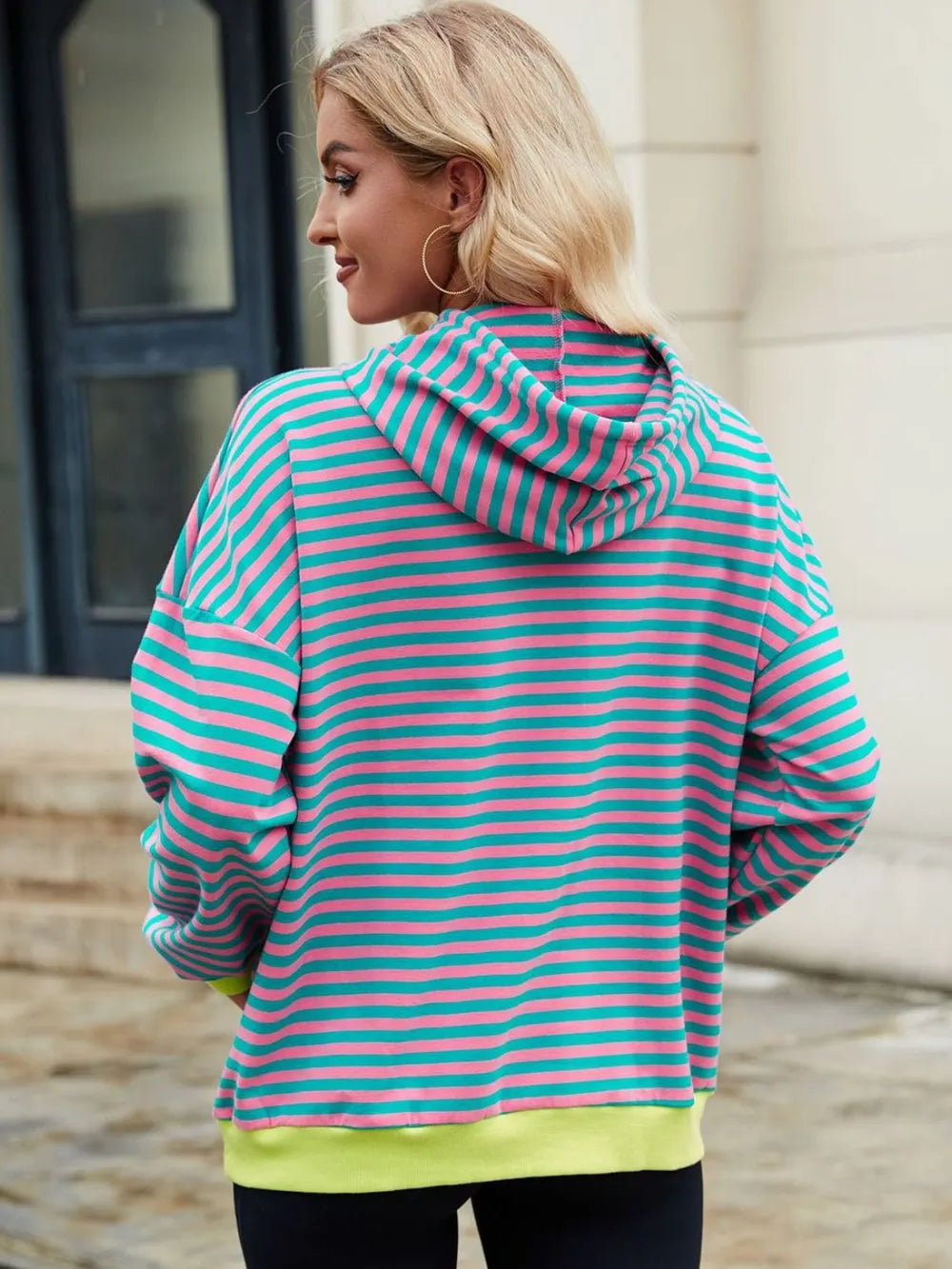 Drawstring Contrast Striped Long Sleeve Hoodie - V.I.P Digital Presence