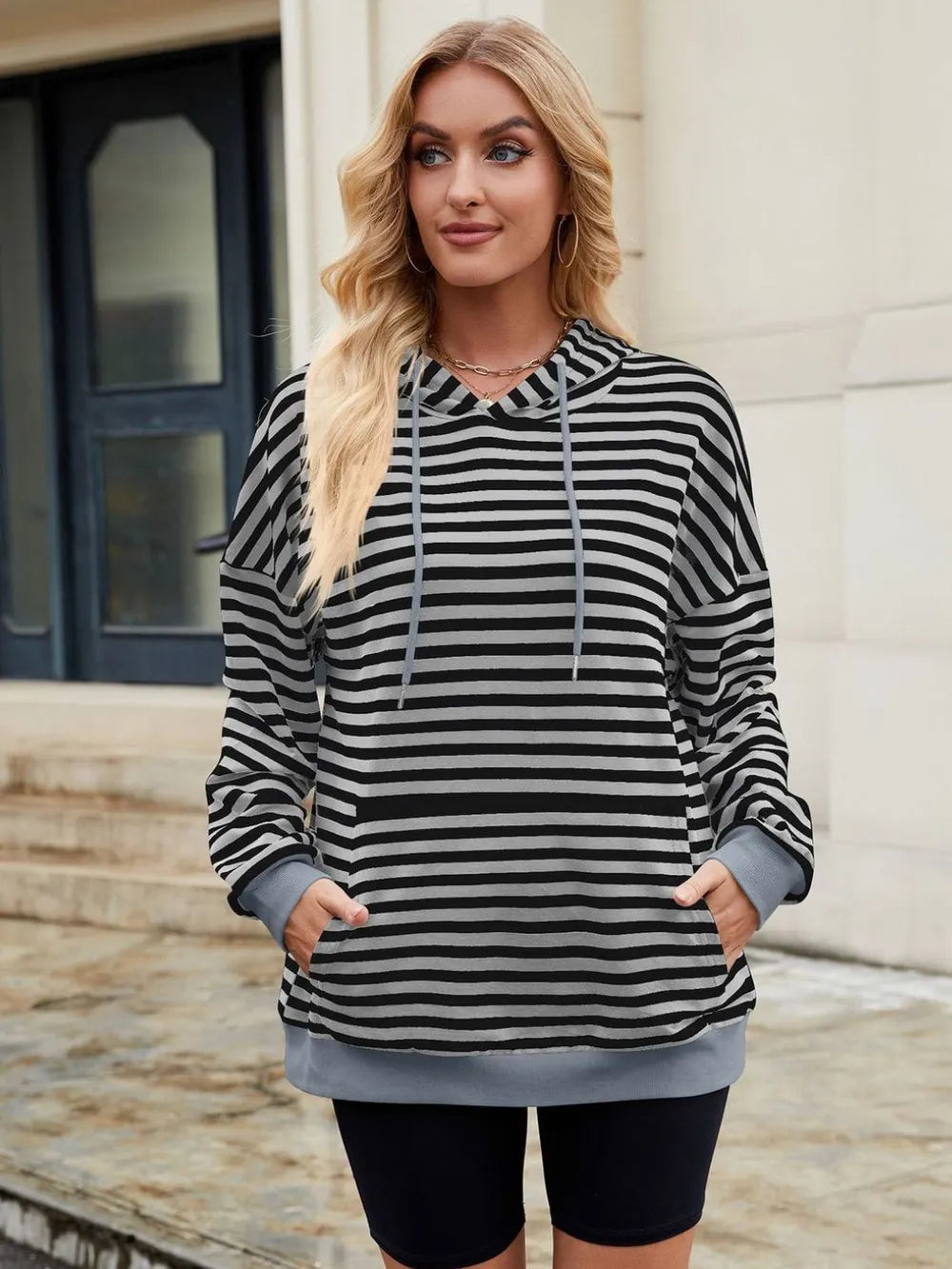 Drawstring Contrast Striped Long Sleeve Hoodie - V.I.P Digital Presence