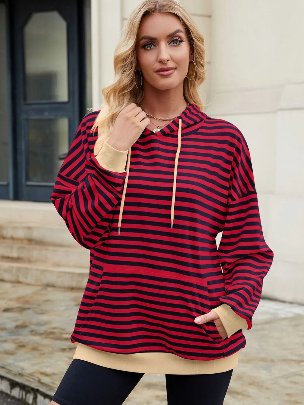 Drawstring Contrast Striped Long Sleeve Hoodie - V.I.P Digital Presence