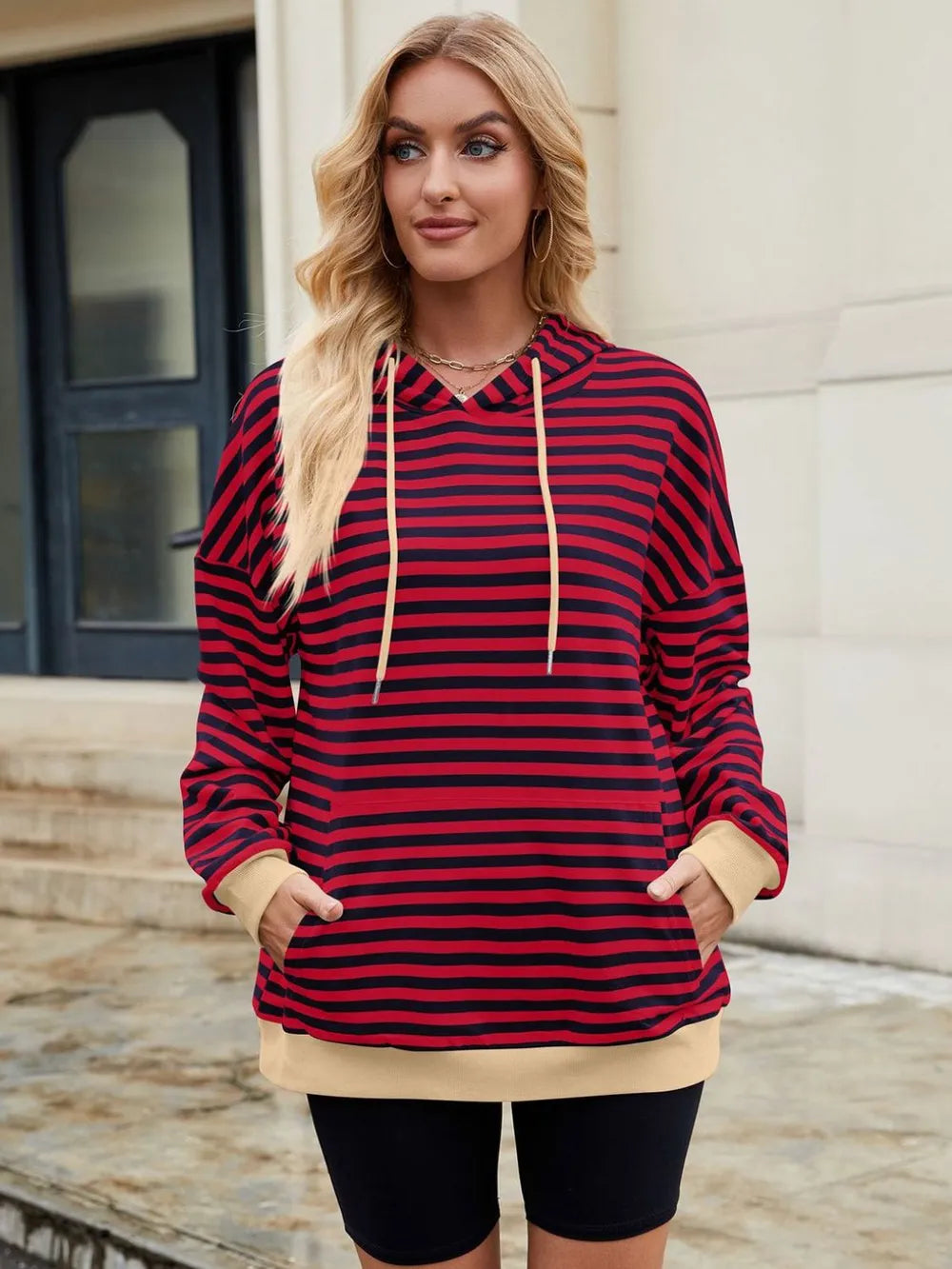 Drawstring Contrast Striped Long Sleeve Hoodie - V.I.P Digital Presence