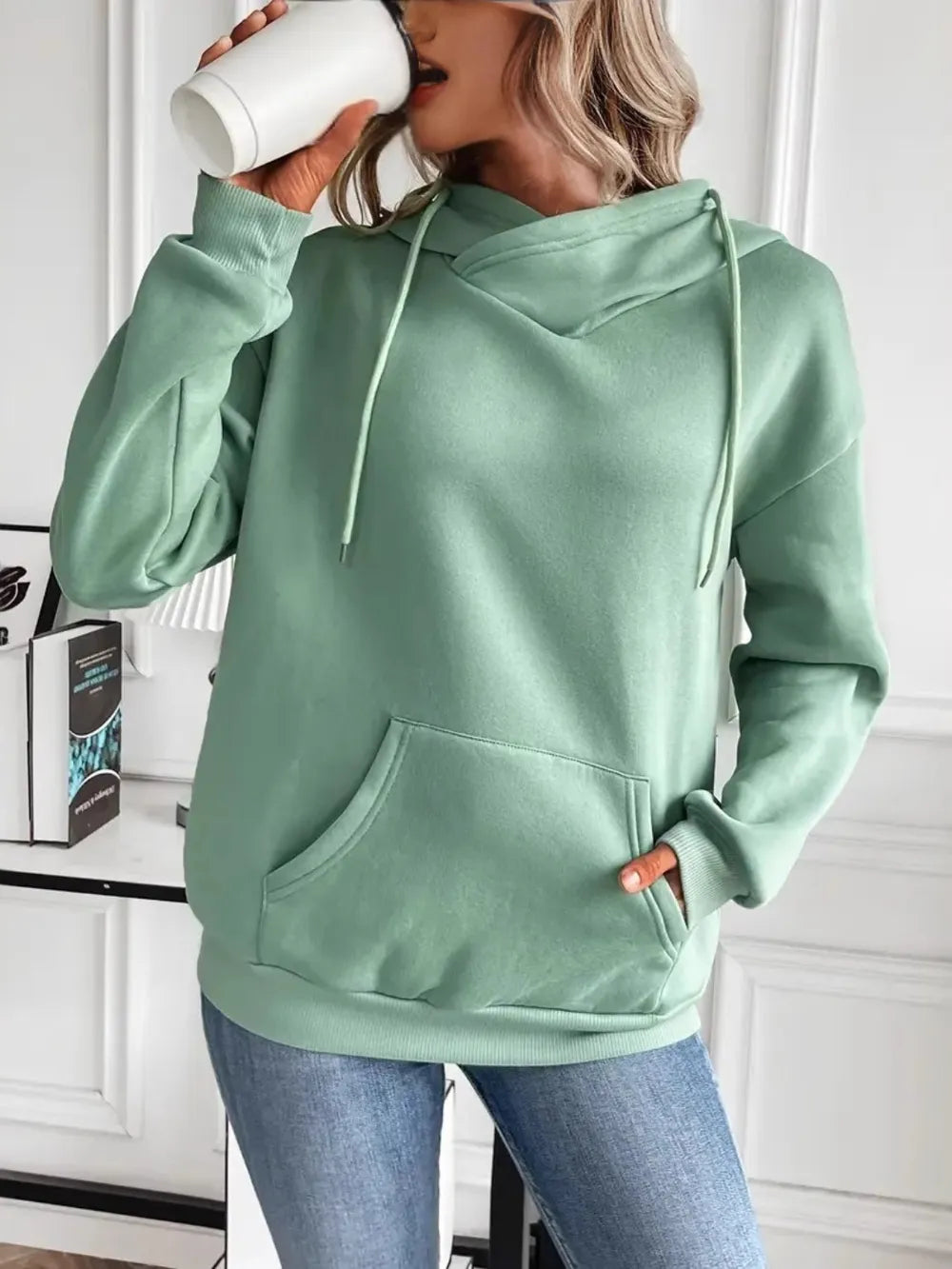 Drawstring Long Sleeve Hoodie with Kangaroo Pocket - V.I.P Digital Presence