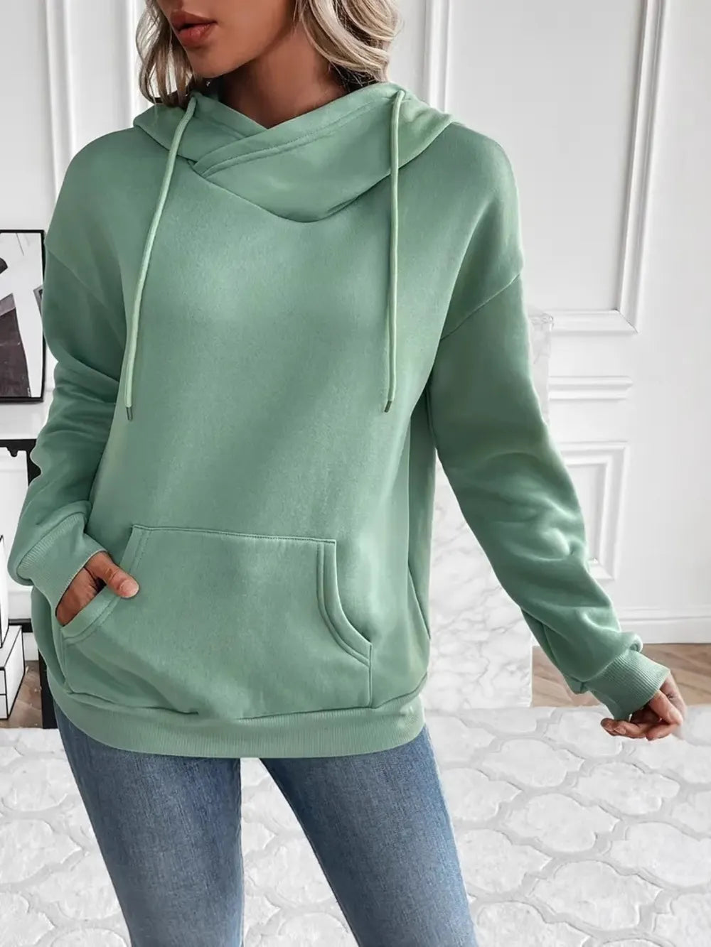 Drawstring Long Sleeve Hoodie with Kangaroo Pocket - V.I.P Digital Presence
