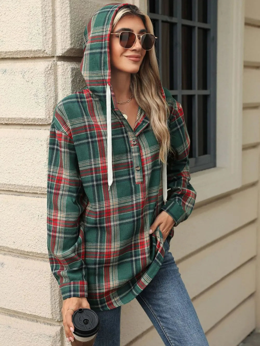 Drawstring Plaid Hooded Long Sleeve Top - V.I.P Digital Presence