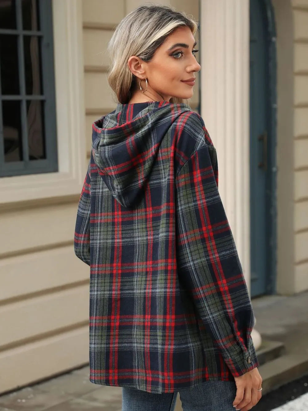 Drawstring Plaid Hooded Long Sleeve Top - V.I.P Digital Presence