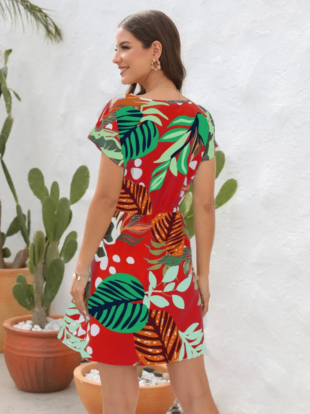 Drawstring Printed V-Neck Mini Dress - V.I.P Digital Presence