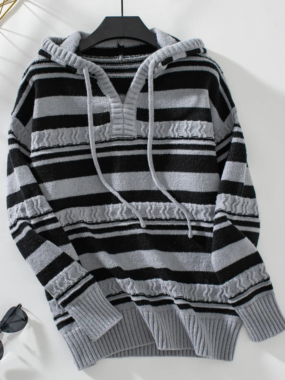 Drawstring Striped Long Sleeve Hooded Sweater - V.I.P Digital Presence