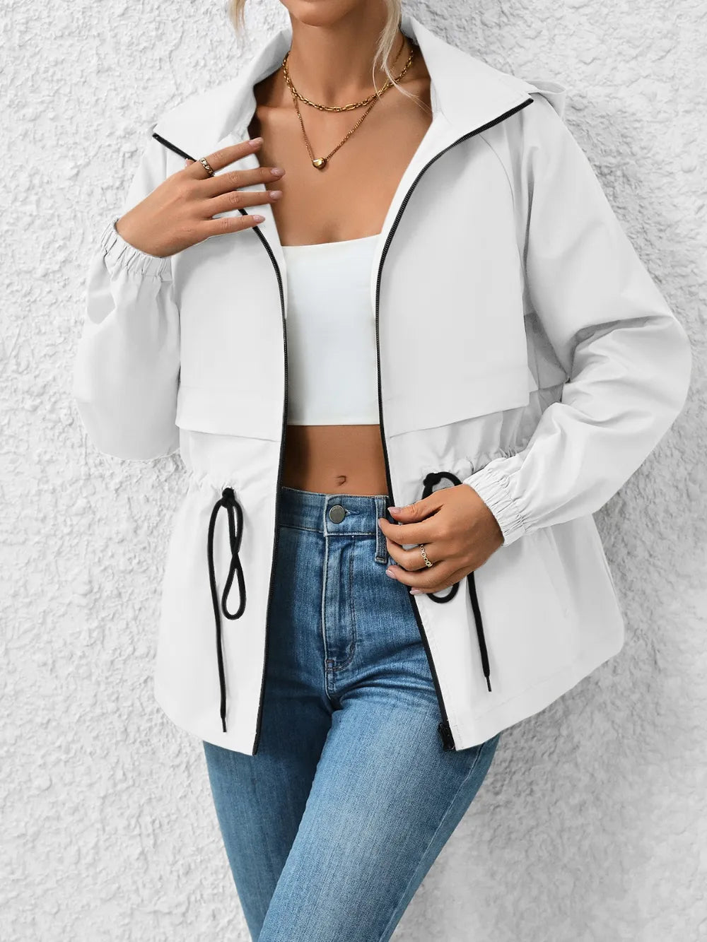 Drawstring Zip Up Hooded Jacket - V.I.P Digital Presence