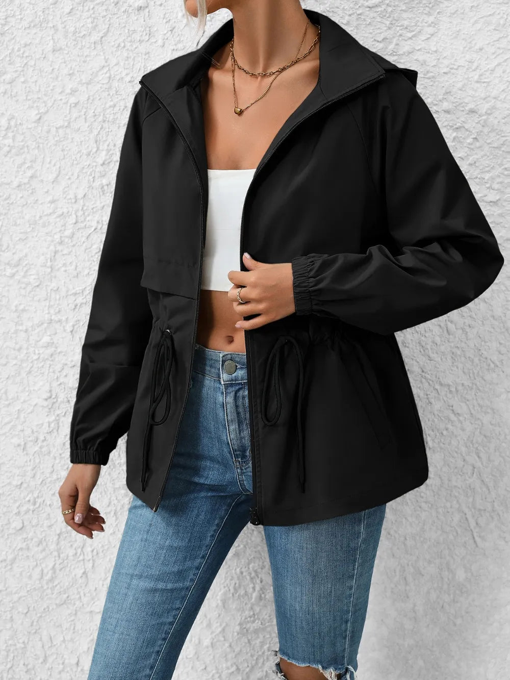 Drawstring Zip Up Hooded Jacket - V.I.P Digital Presence