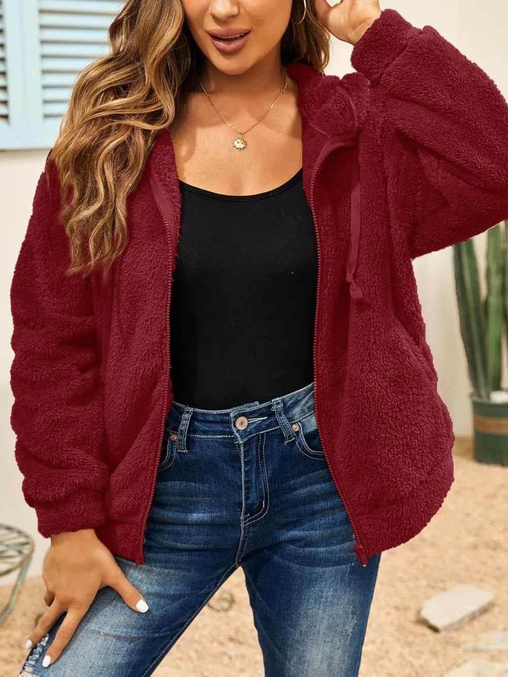 Drawstring Zip Up Hooded Plush Jacket - V.I.P Digital Presence