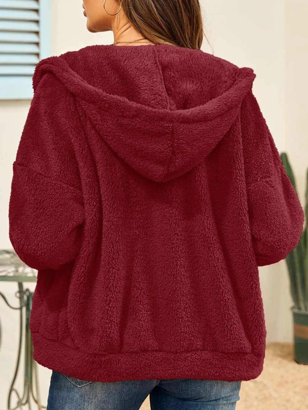 Drawstring Zip Up Hooded Plush Jacket - V.I.P Digital Presence