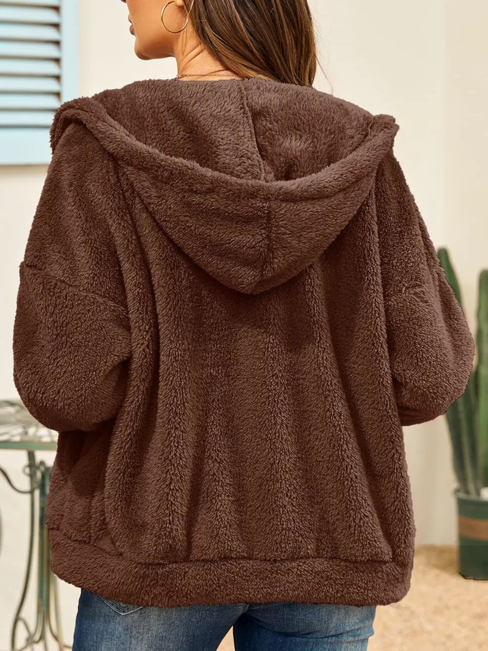 Drawstring Zip Up Hooded Plush Jacket - V.I.P Digital Presence