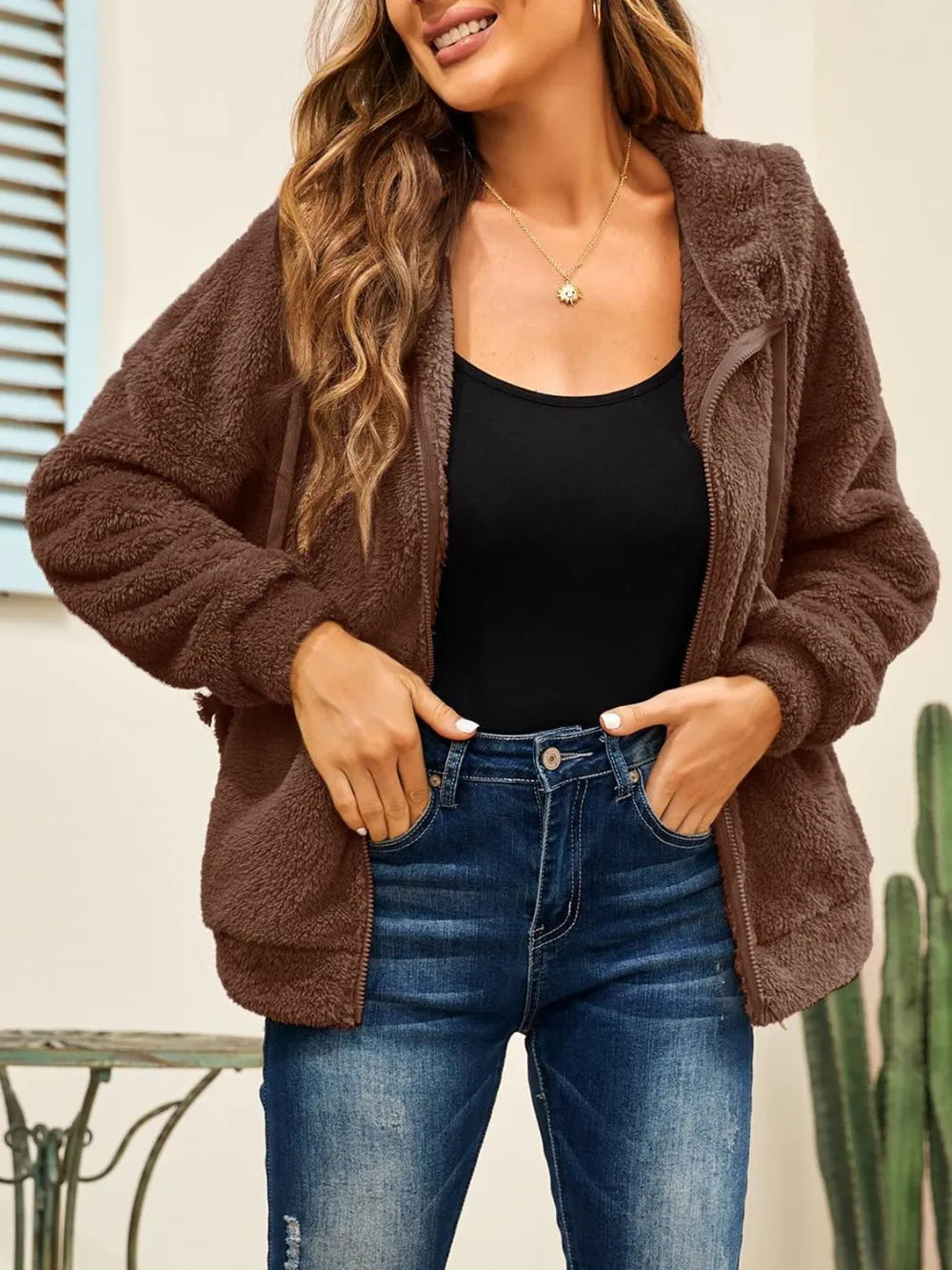 Drawstring Zip Up Hooded Plush Jacket - V.I.P Digital Presence