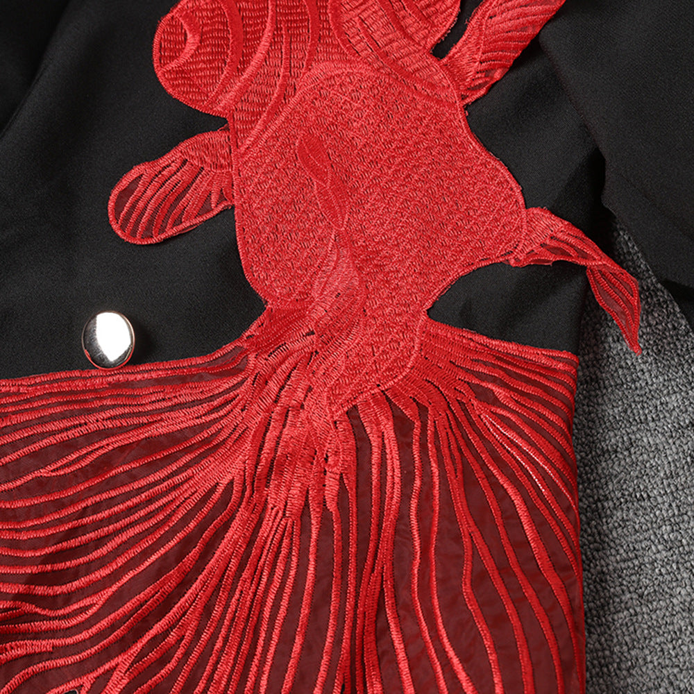 Embroidered goldfish patchwork irregular mesh suit loose jacket for women - V.I.P Digital Presence