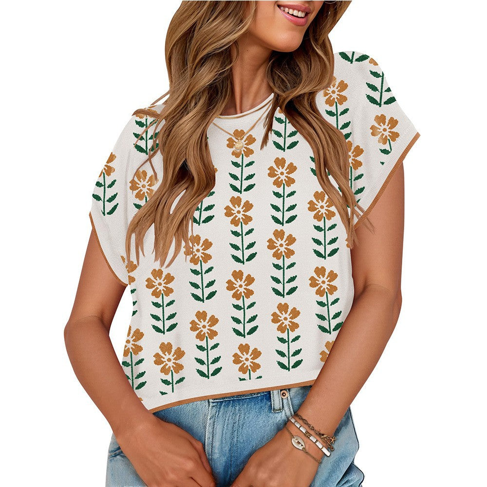 European and American round neck knitted small flower top - V.I.P Digital Presence