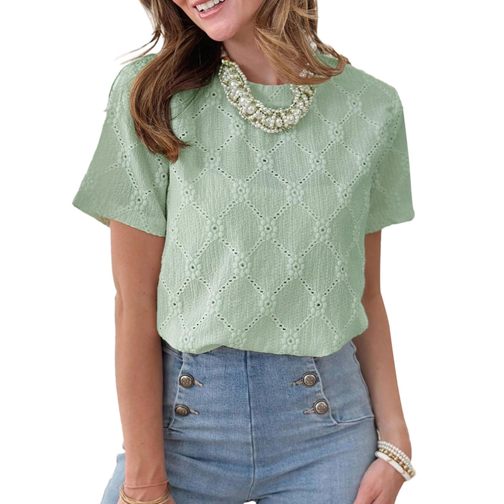 European and American round neck short sleeved imitation embroidery flower jacquard top T-shirt for women - V.I.P Digital Presence