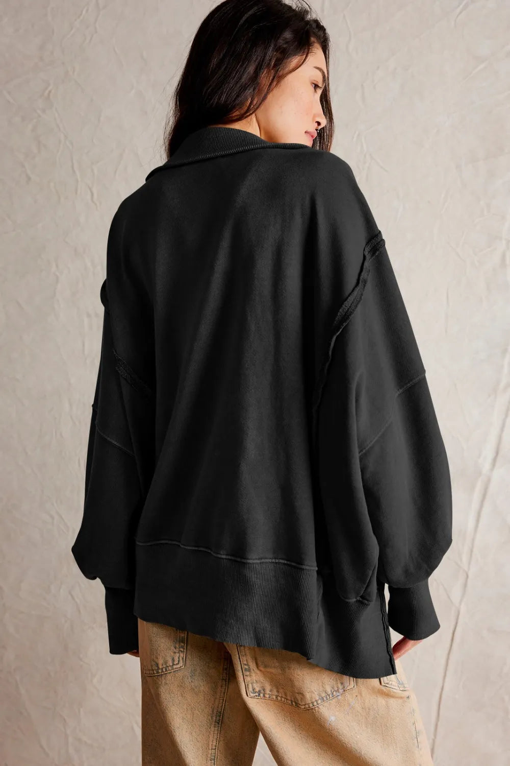 Exposed Seam Side Slit Long Sleeve Sweatshirt - V.I.P Digital Presence