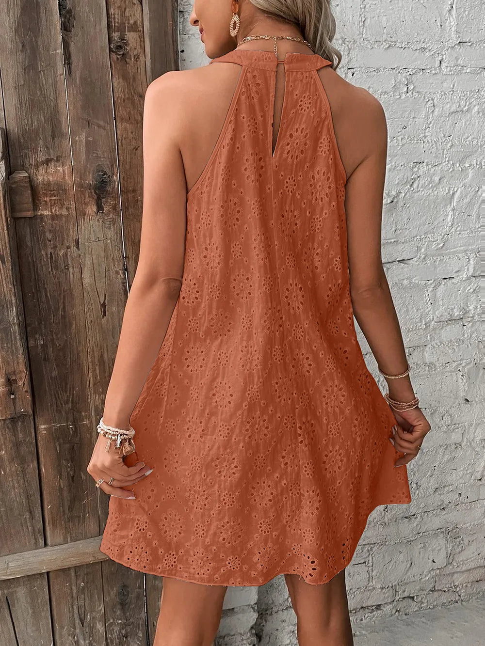 Eyelet Grecian Neck Mini Dress - V.I.P Digital Presence