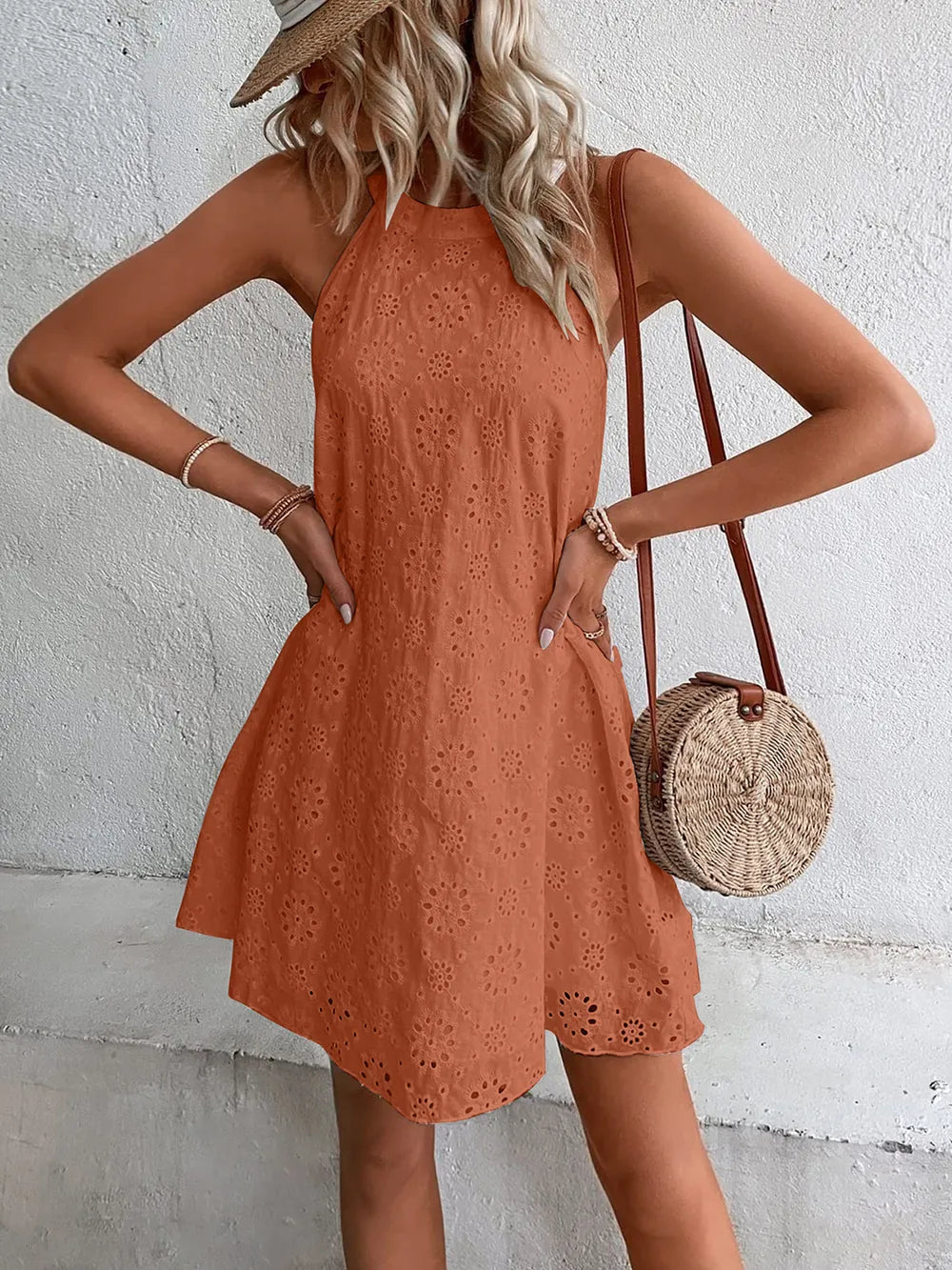 Eyelet Grecian Neck Mini Dress - V.I.P Digital Presence