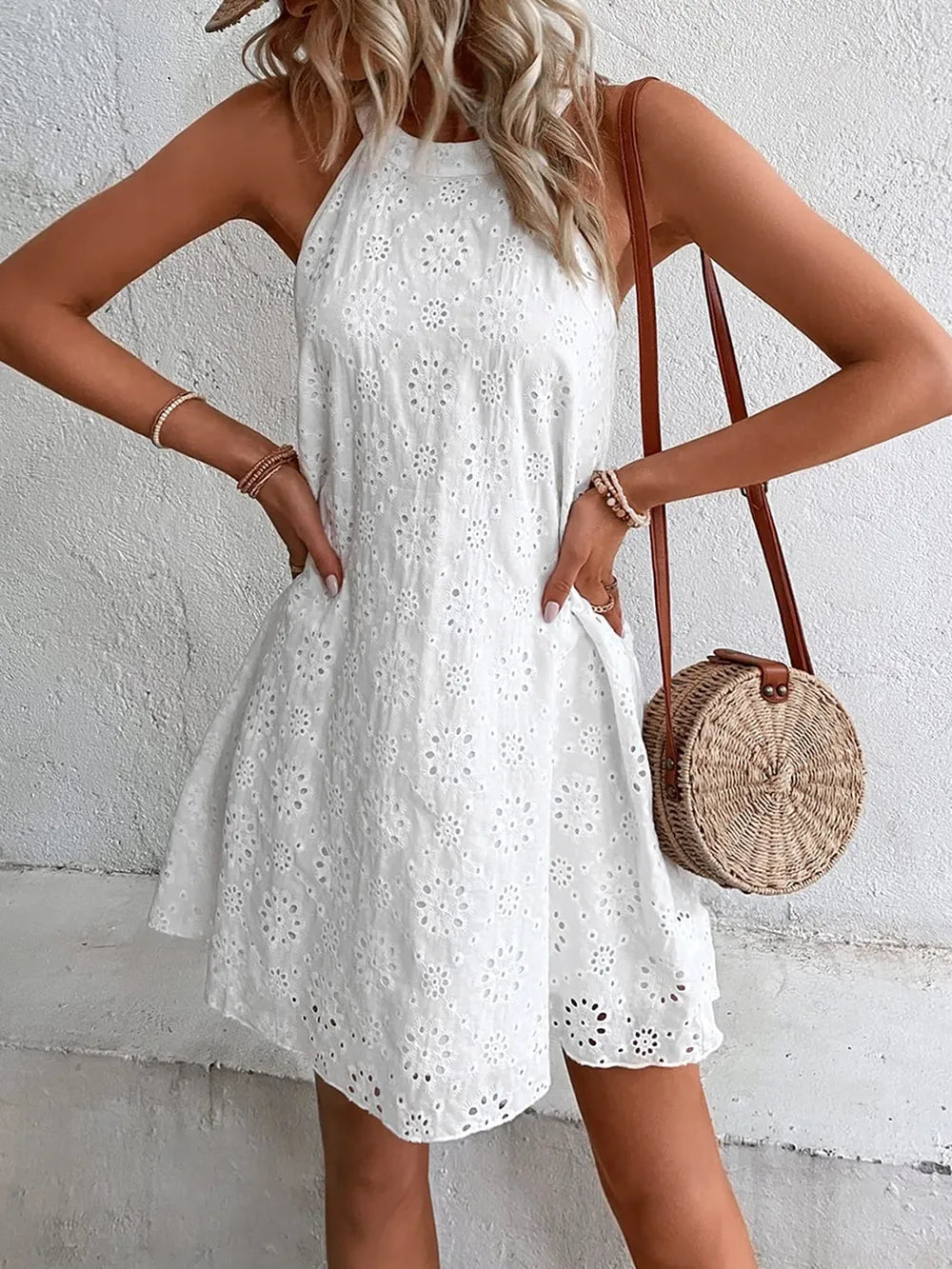 Eyelet Grecian Neck Mini Dress - V.I.P Digital Presence